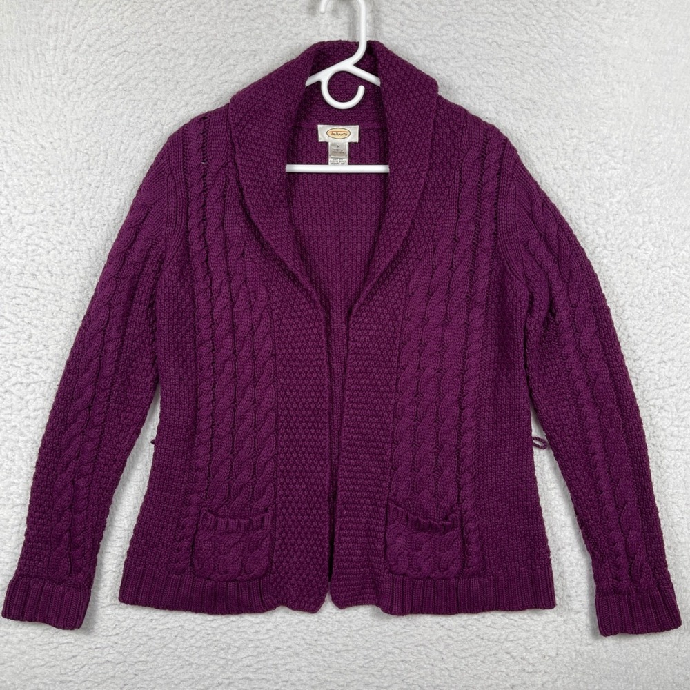 Talbots Sweater Womens Medium‎ Purple Cable Knit Shawl Collar Cardigan Vintage